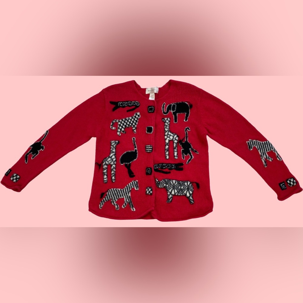 90s Animal Appliqué Red Cardigan Sweater
